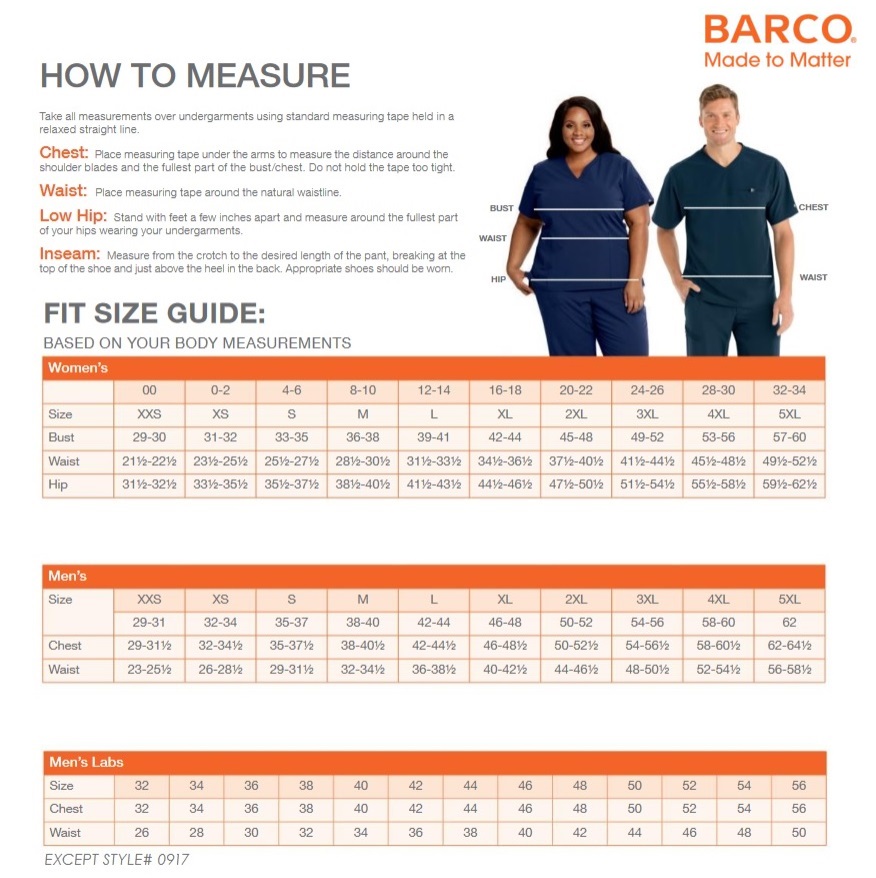 Barco Greys Anatomy Size Chart